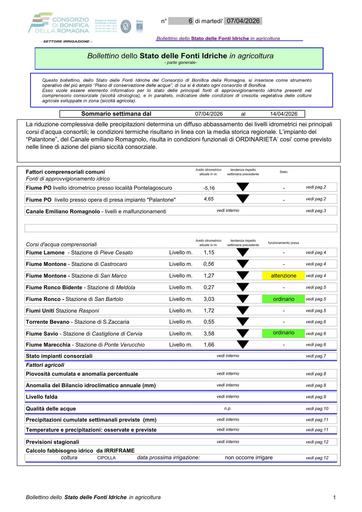 Bollettino delle fonti idriche in agricoltura n. 6 del 7.aprile.2026