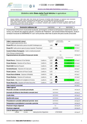 Bollettino delle fonti idriche in agricoltura n. 21 del 23.luglio.2024