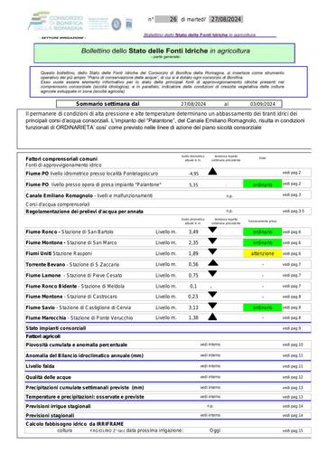Bollettino delle fonti idriche in agricoltura n. 26 del 27.agosto.2024