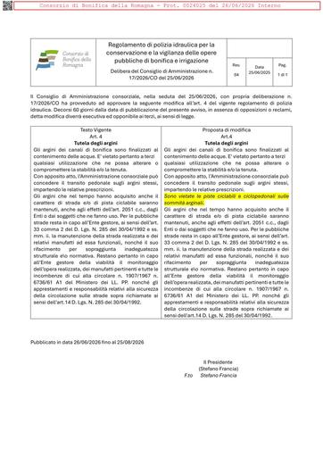 Proposta di modifica dell' Art. 4 del regolamento di polizia idraulica