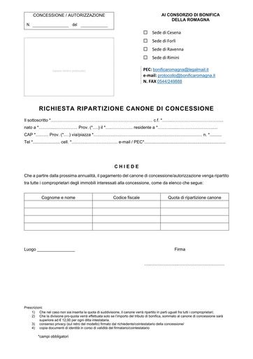 Richiesta ripartizione canone Concessione tra più Ditte co-intestatarie