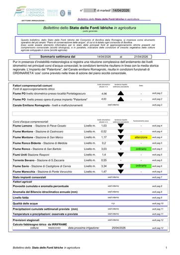 Bollettino delle fonti idriche in agricoltura n. 7 del 14.aprile.2026